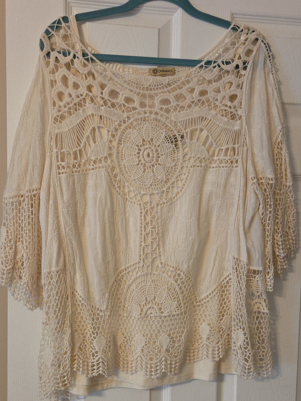 Democracy Cream Crochet Lace Boho Peasant Top